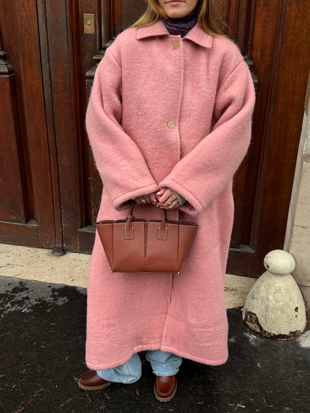 Manteau long upcyclé laine rose vintage