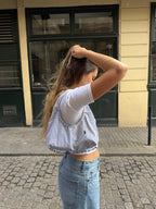 Sac upcyclé blanc à carreaux bleus et perles vintage - petit