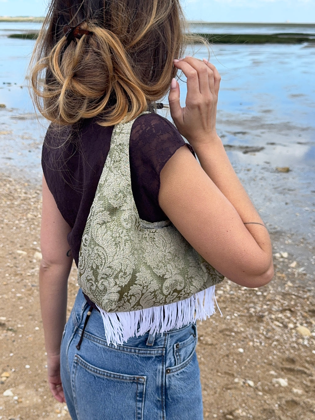 Sac upcyclé vert à motifs et franges vintage - petit