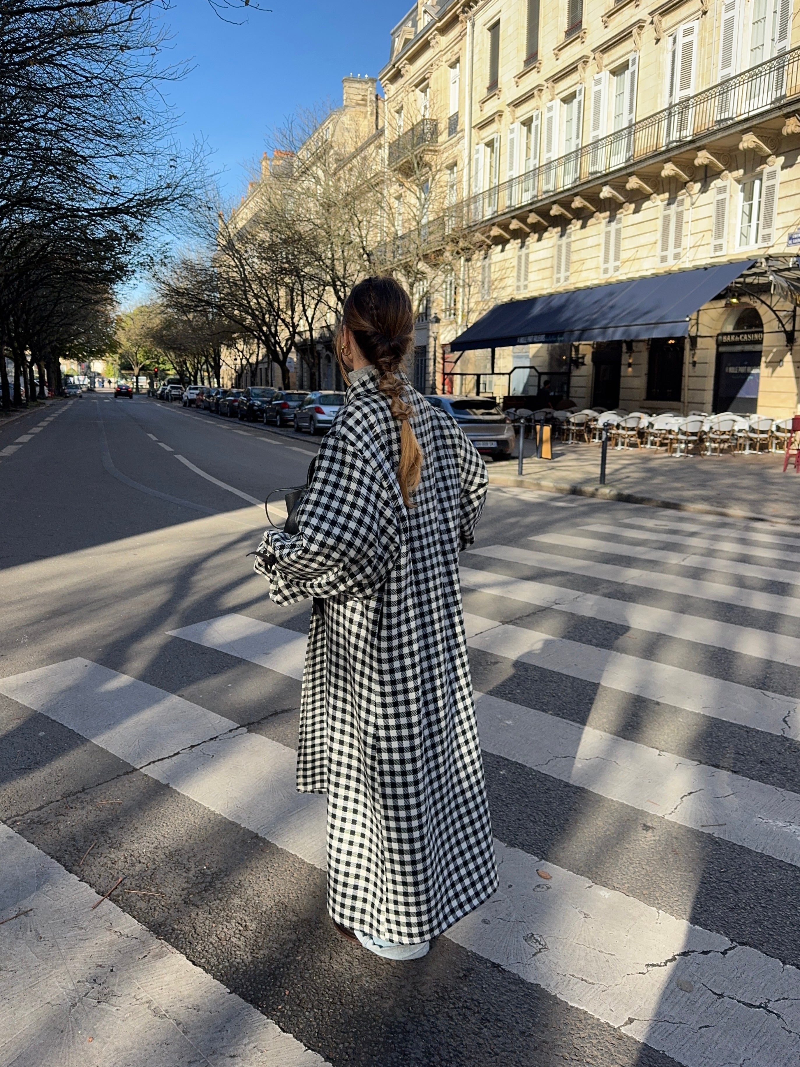 Manteau long laine fine vichy noir et blanc