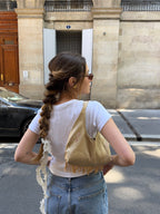 Sac upcyclé satiné doré/cuivré à motifs et franges vintage - petit