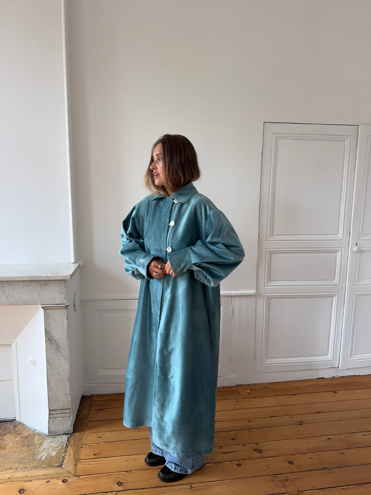 Veste longue upcyclée velours bleu - T1