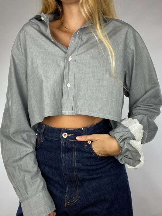 Chemise upcyclée gris chiné + chouchou