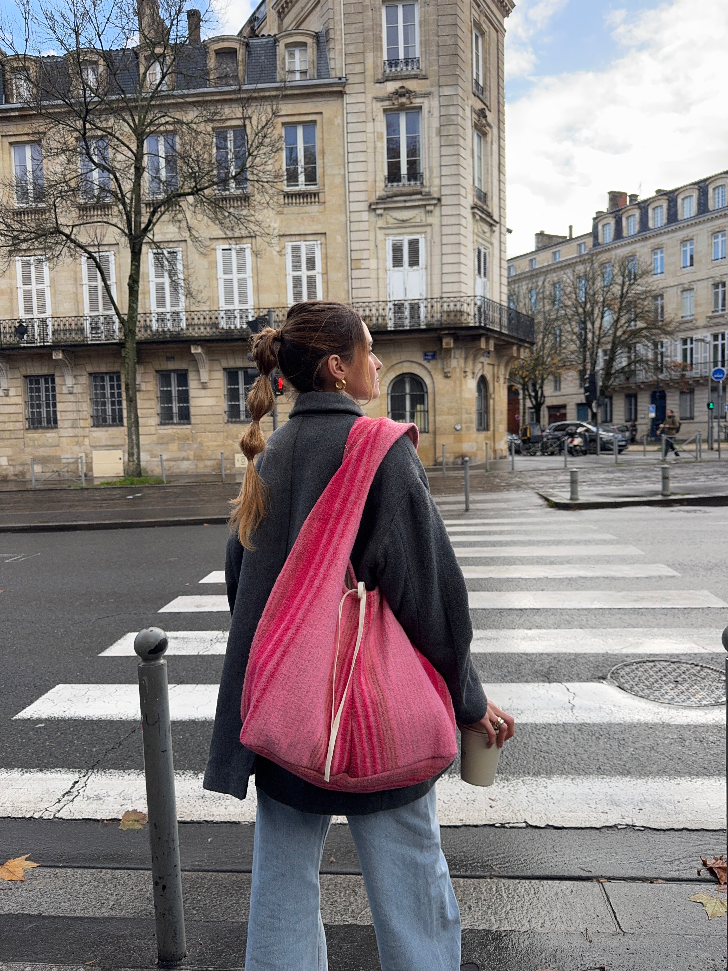 Sac upcyclé laine rose rayée