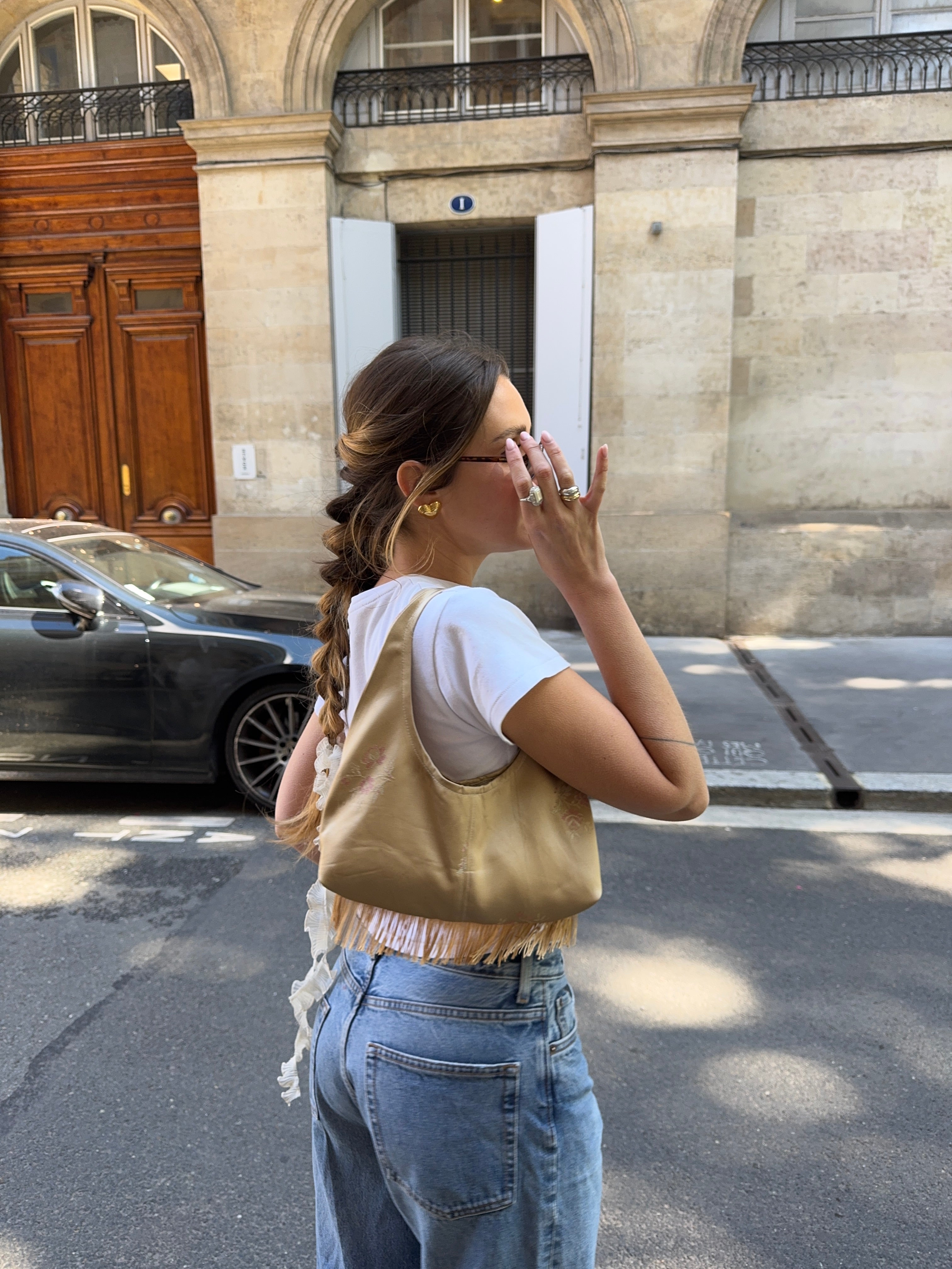 Sac upcyclé satiné doré/cuivré à motifs et franges vintage - petit
