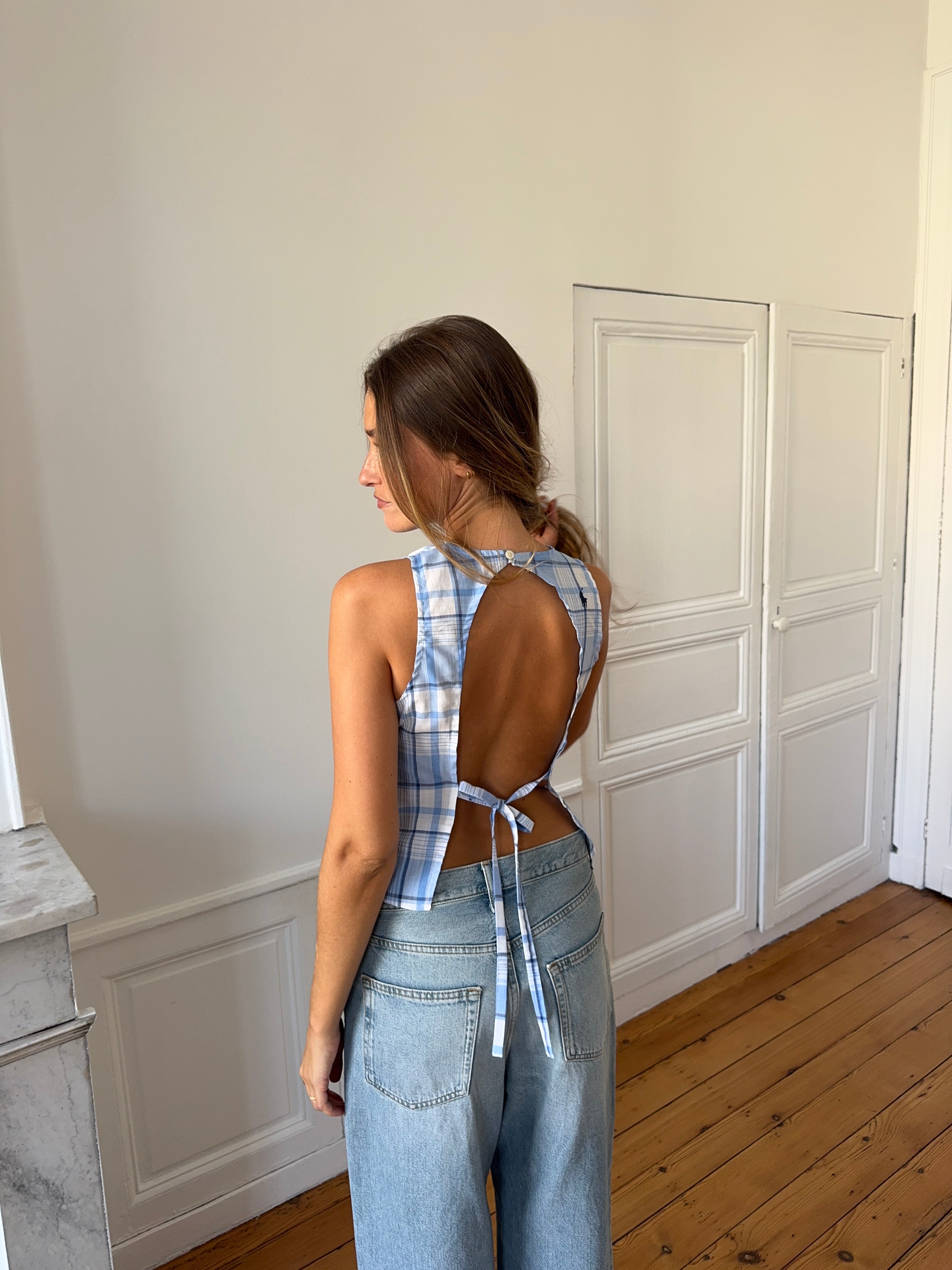 Top dos nu upcyclé à carreaux - S