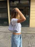 Sac upcyclé blanc à carreaux bleus et perles vintage - petit