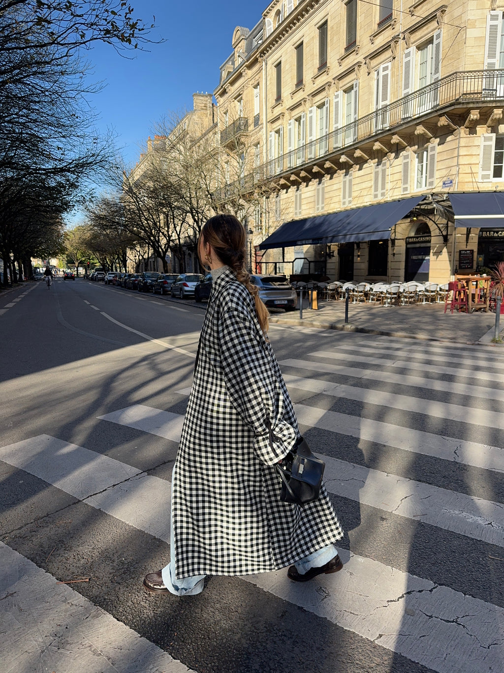 Manteau long laine fine vichy noir et blanc