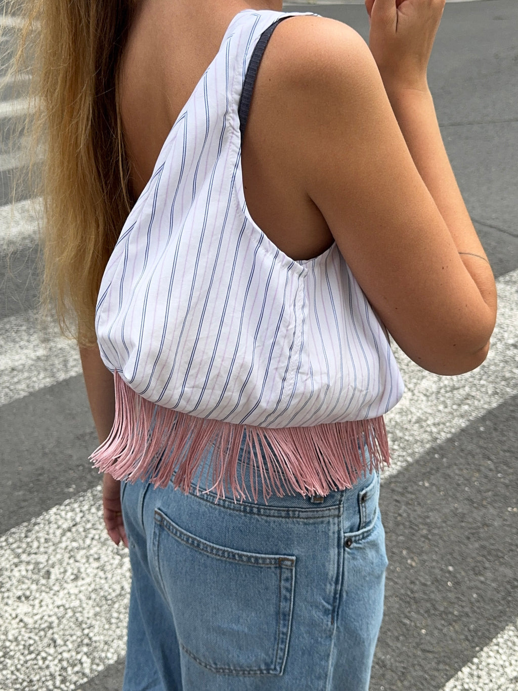 Sac upcyclé blanc à rayures et franges vintage - petit