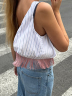 Sac upcyclé blanc à rayures et franges vintage - petit