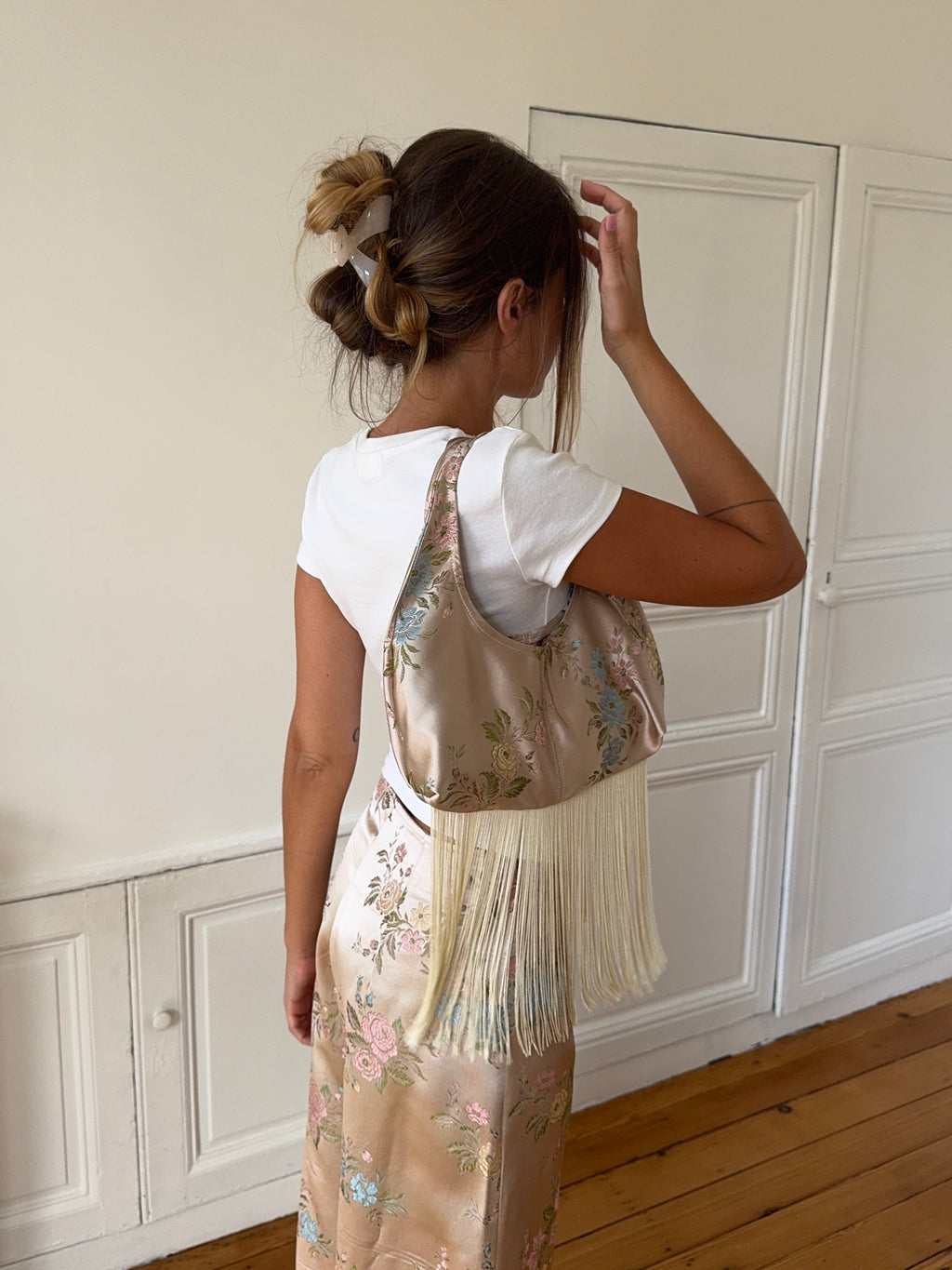Sac upcyclé satiné cuivré et franges
