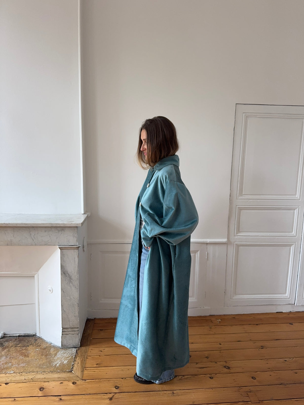 Veste longue upcyclée velours bleu - T1