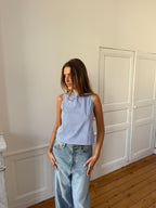 Top dos nu upcyclé à rayures bleues - M