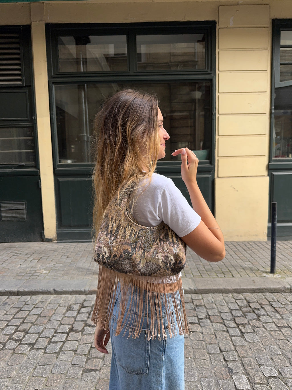 Sac upcyclé à motifs et franges vintage - petit