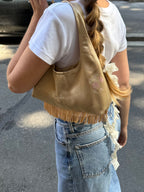 Sac upcyclé satiné doré/cuivré à motifs et franges vintage - petit