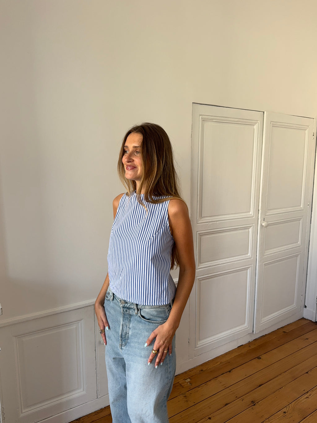 Top dos nu upcyclé à rayures bleues - M