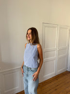 Top dos nu upcyclé à rayures bleues - M