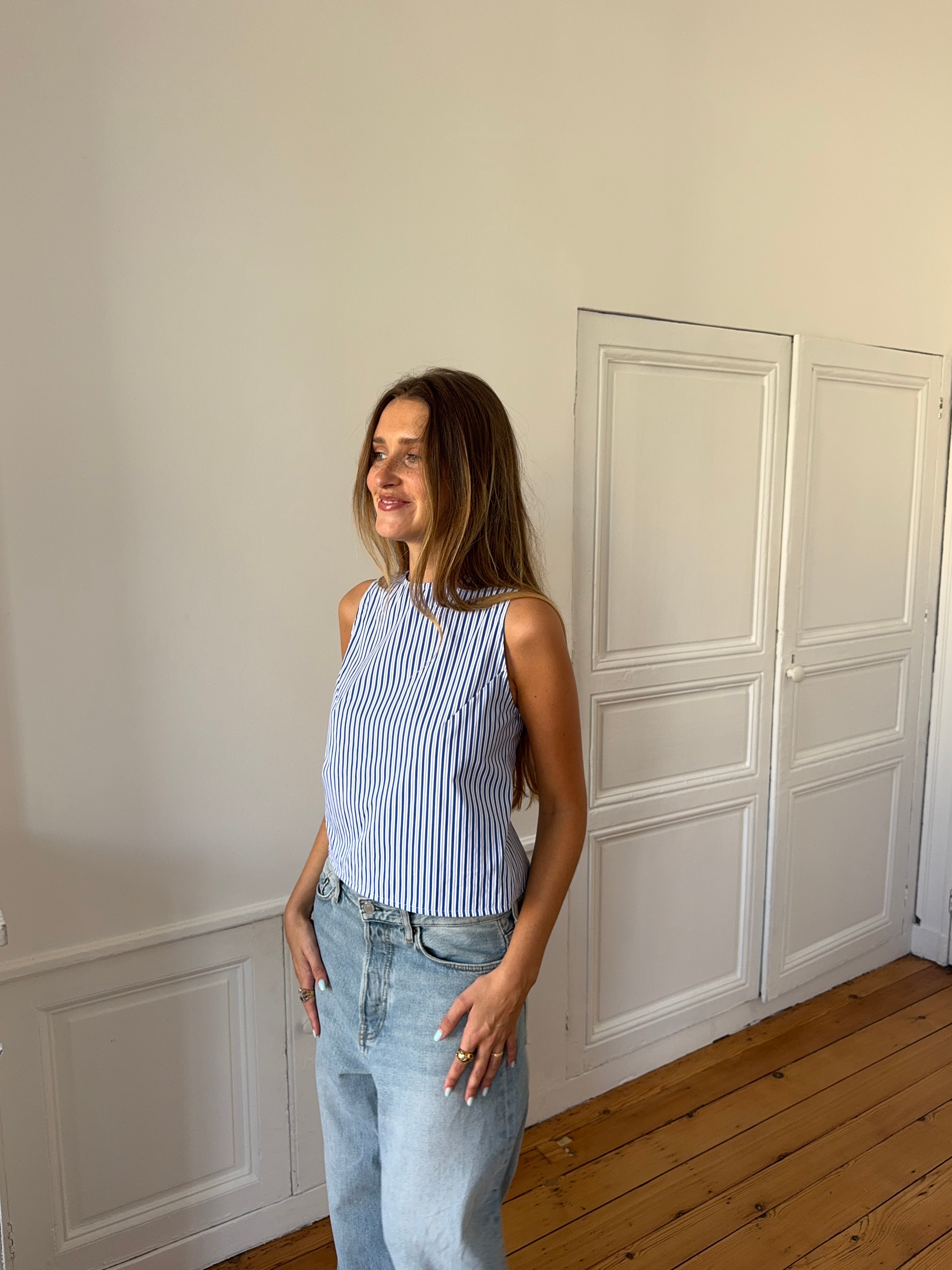 Top dos nu upcyclé à rayures bleues - M