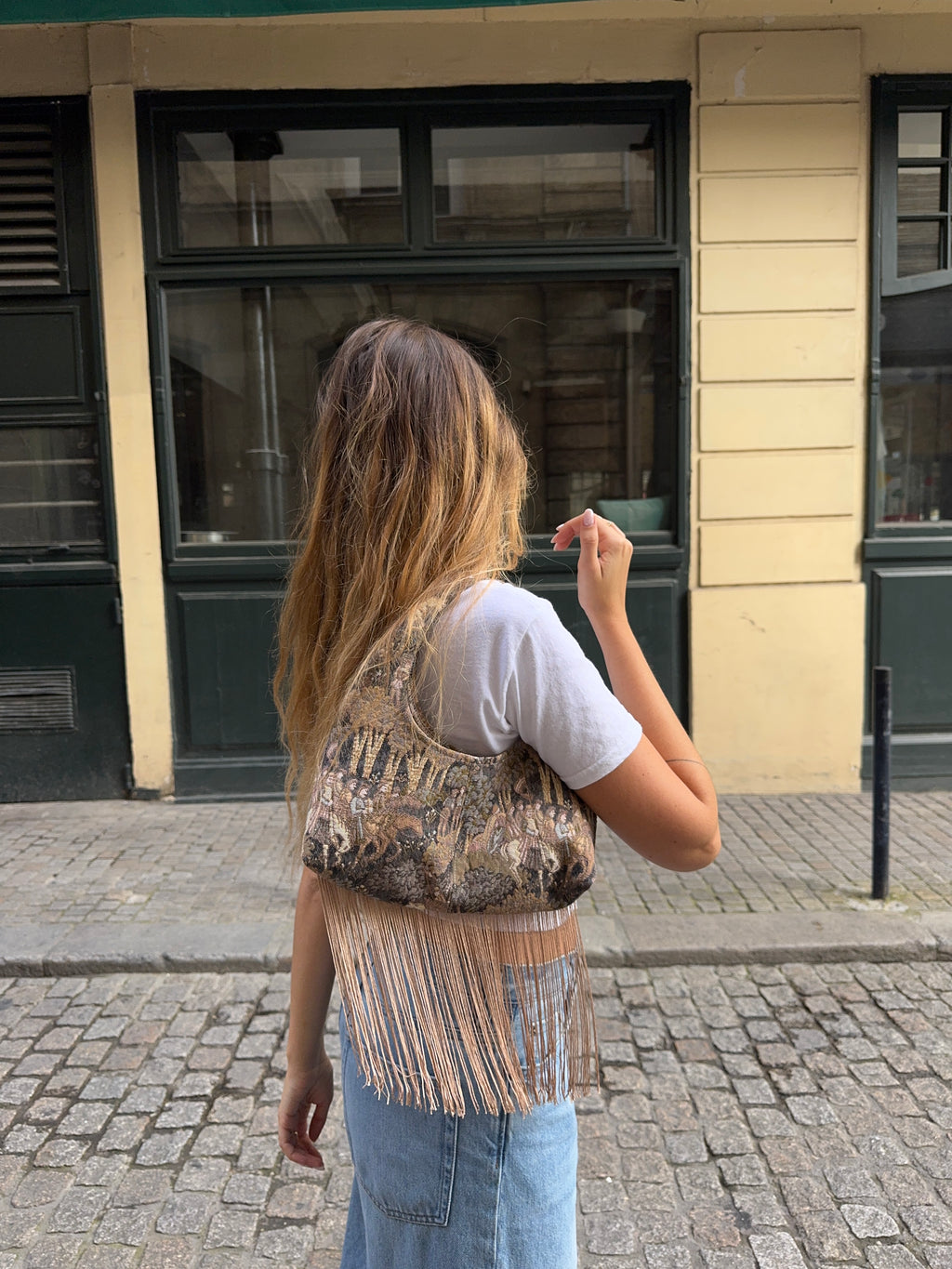 Sac upcyclé à motifs et franges vintage - petit