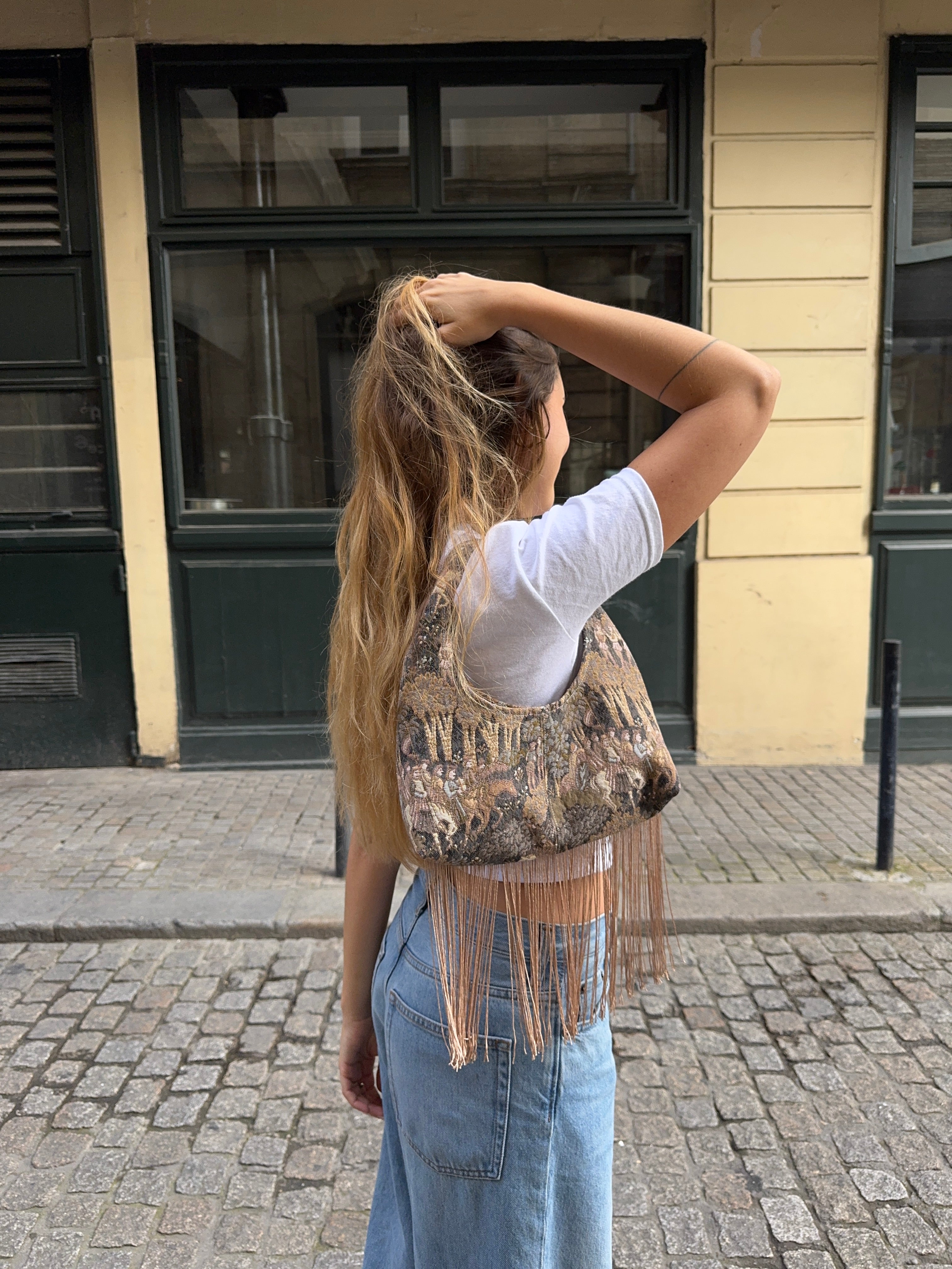 Sac upcyclé à motifs et franges vintage - petit