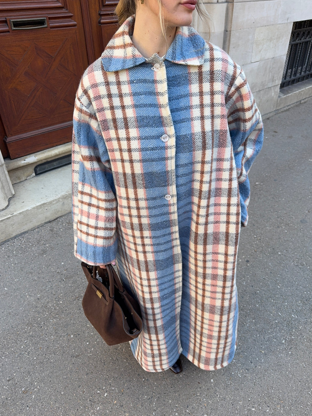 Manteau long upcyclé laine à carreaux vintage