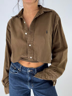 Chemise upcyclée dos nu soie marron