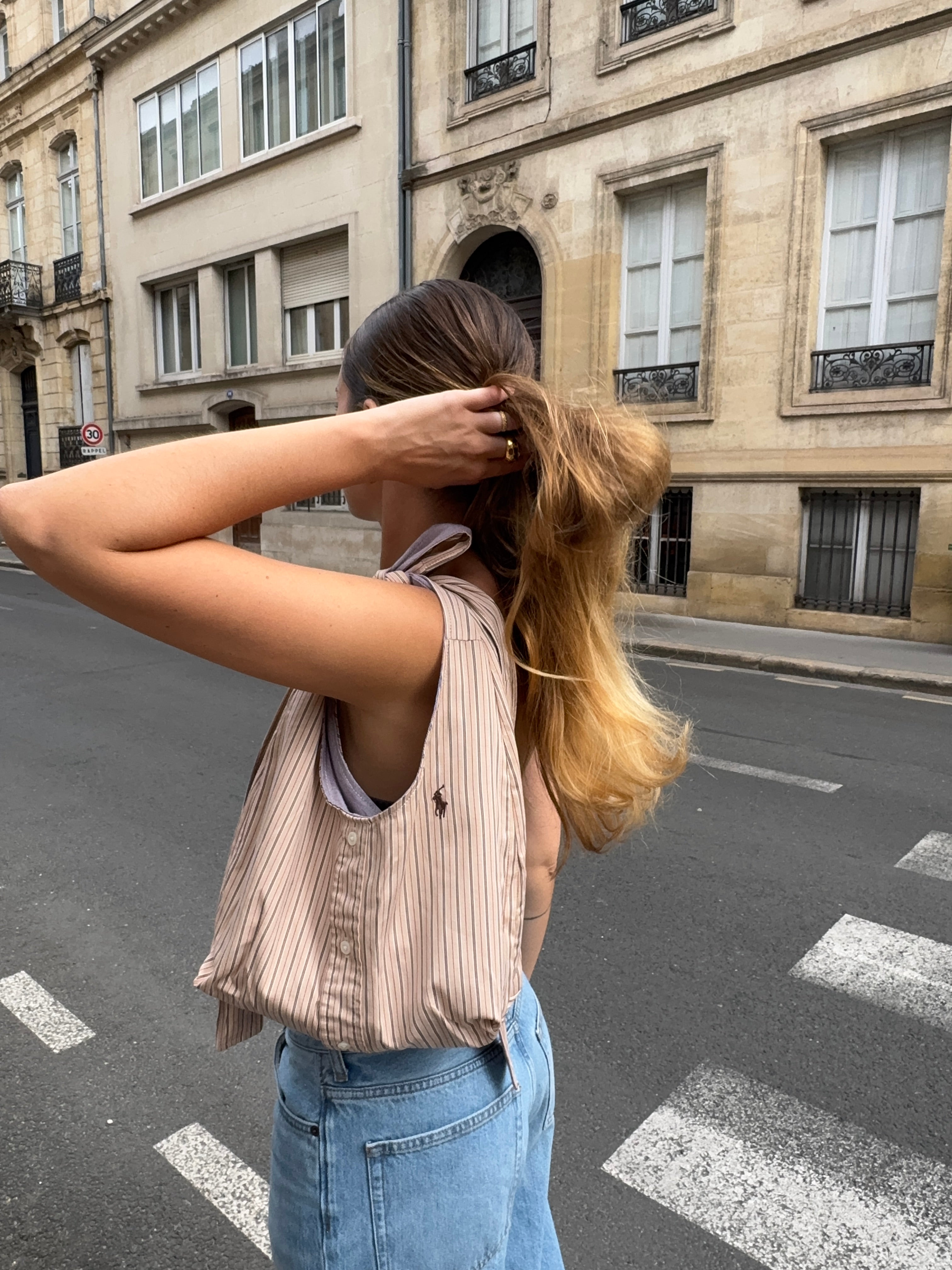 Sac nœud upcyclé beige à rayures - petit