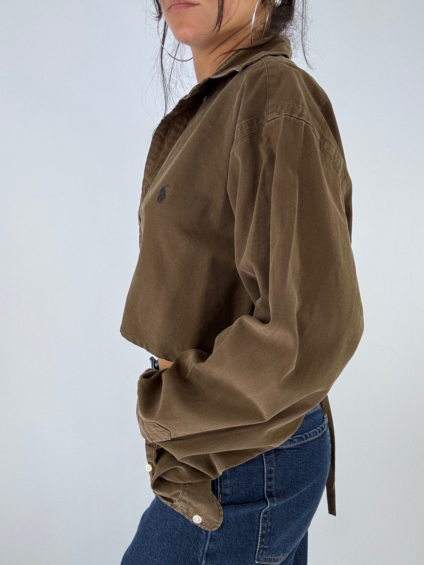 Chemise upcyclée dos nu soie marron