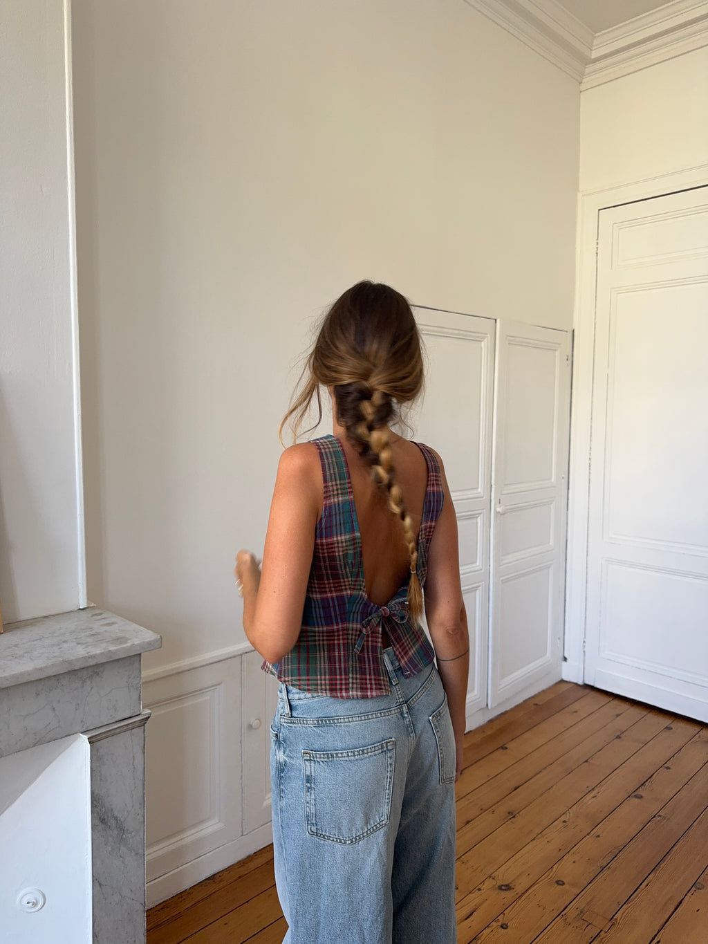 Top dos nu upcyclé à carreaux - M