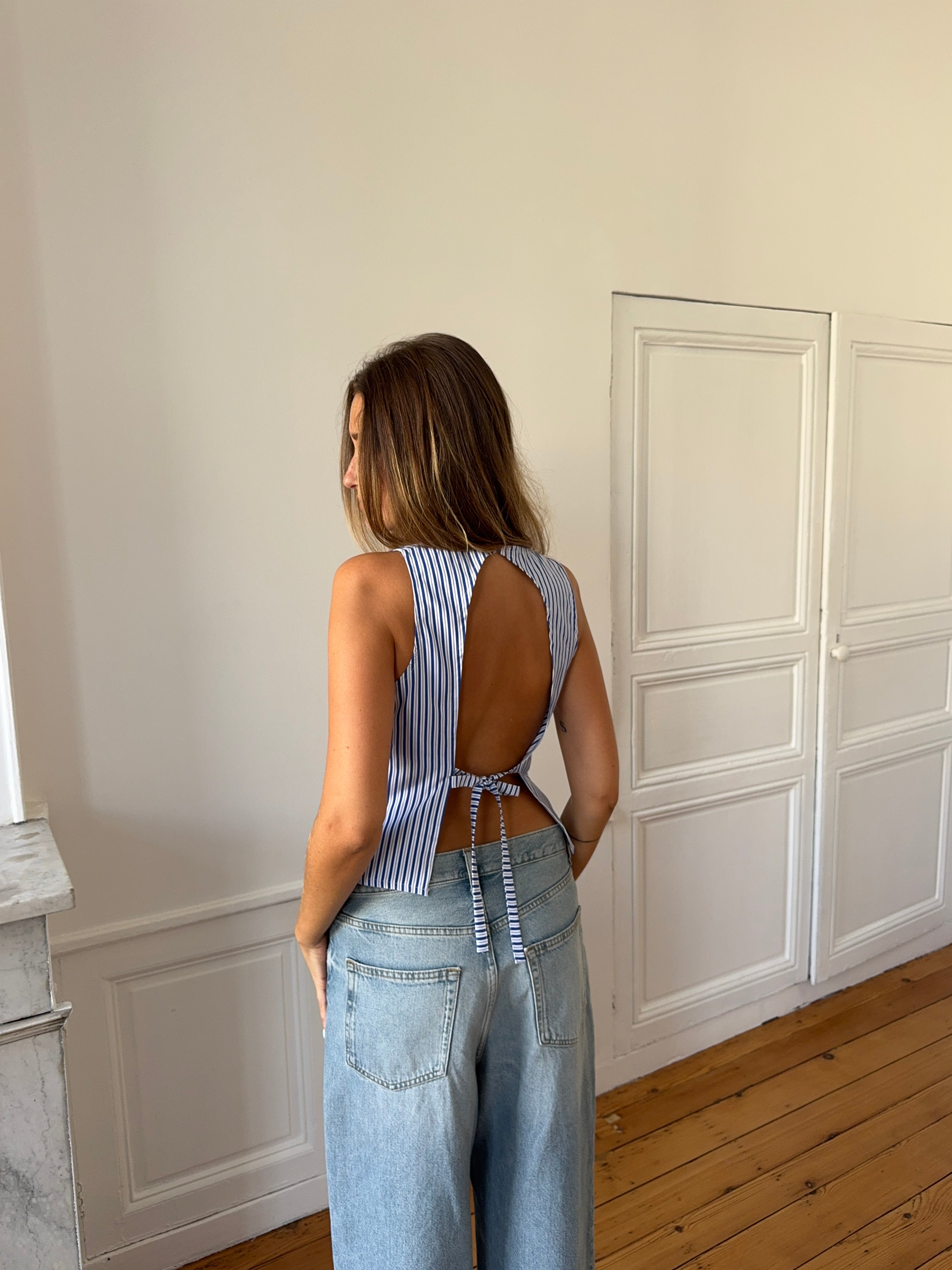 Top dos nu upcyclé à rayures bleues - M