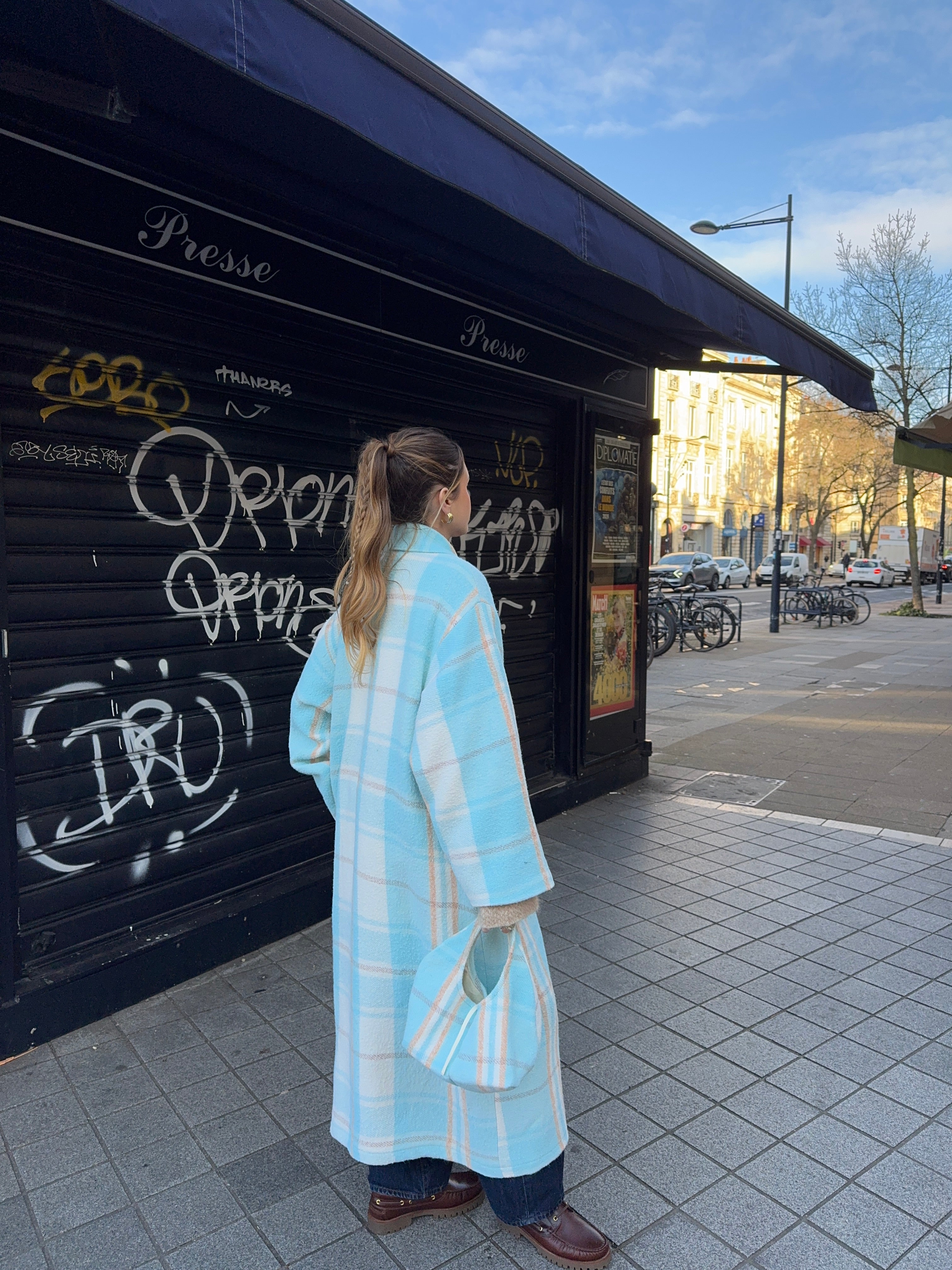 Manteau long upcyclé laine ciel à carreaux vintage