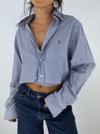 Chemise upcyclée dos nu à rayures bleues