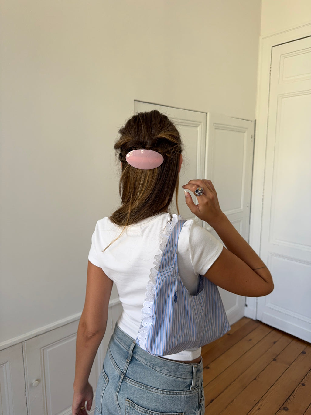 Sac upcyclé rayé et dentelle