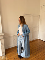 Veste longue upcyclée bleue et franges - M