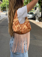 Sac upcyclé orange clair à motifs et franges vintage - petit