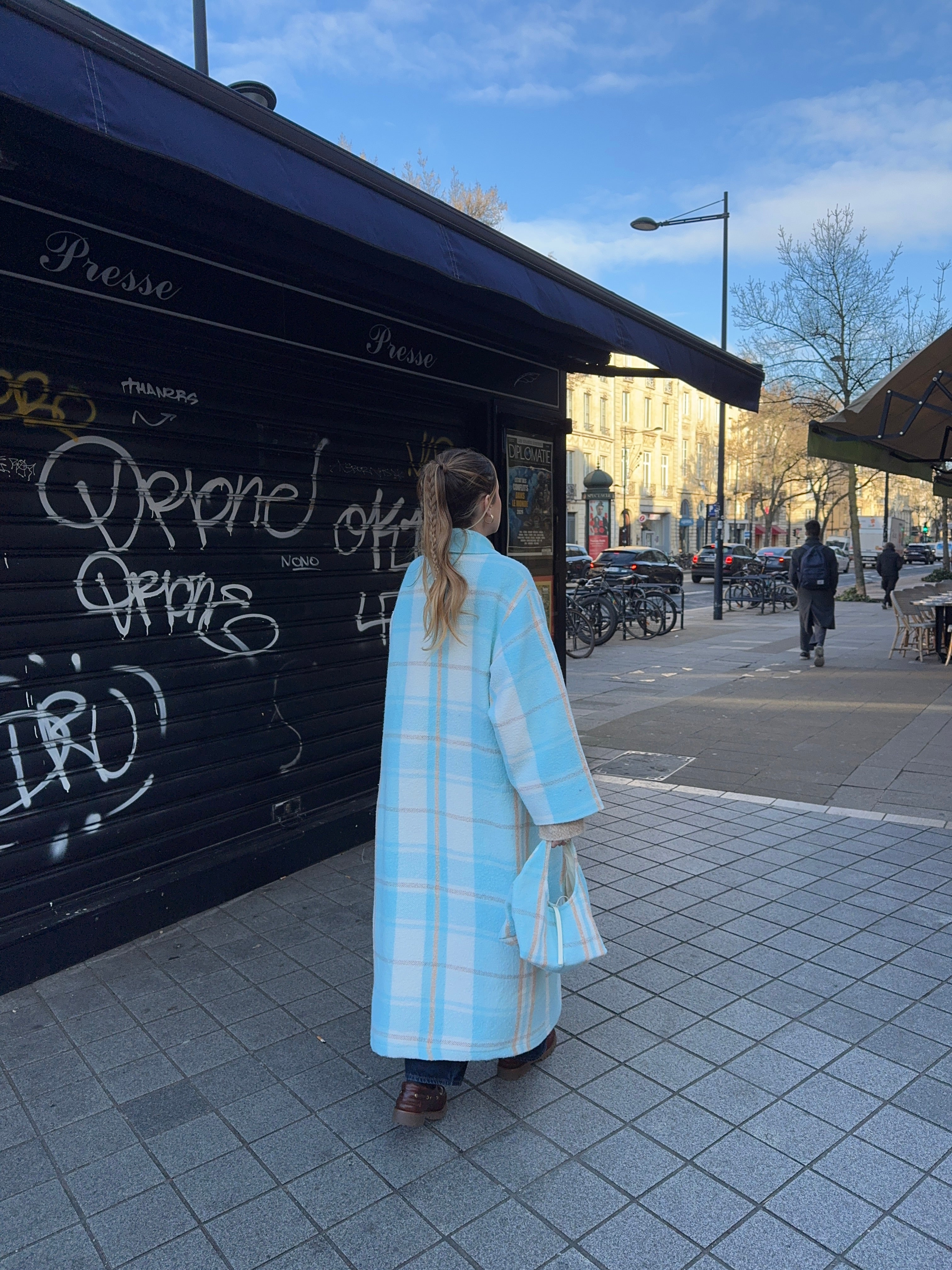 Manteau long upcyclé laine ciel à carreaux vintage