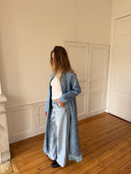 Veste longue upcyclée bleue et franges - M