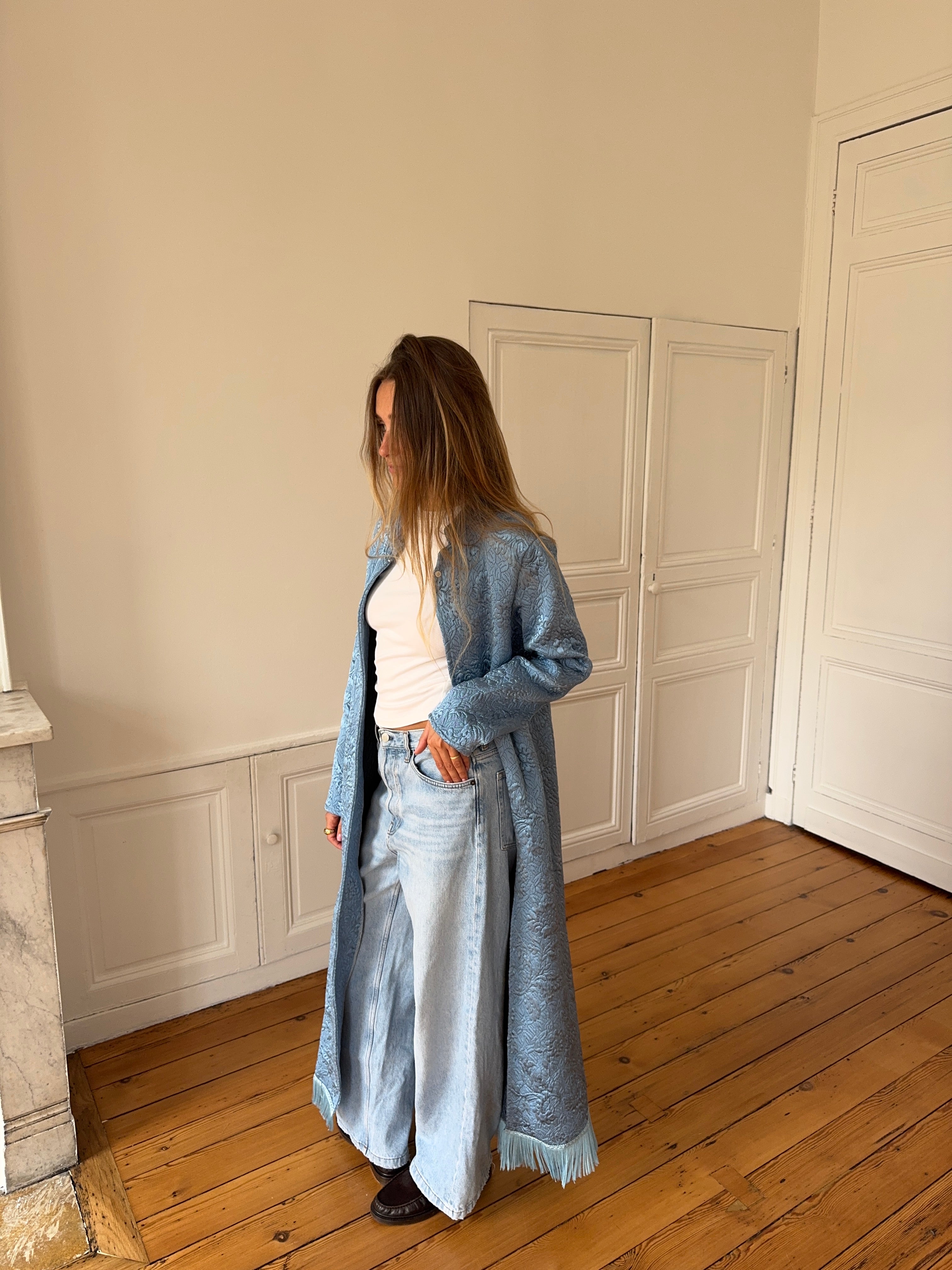 Veste longue upcyclée bleue et franges - M