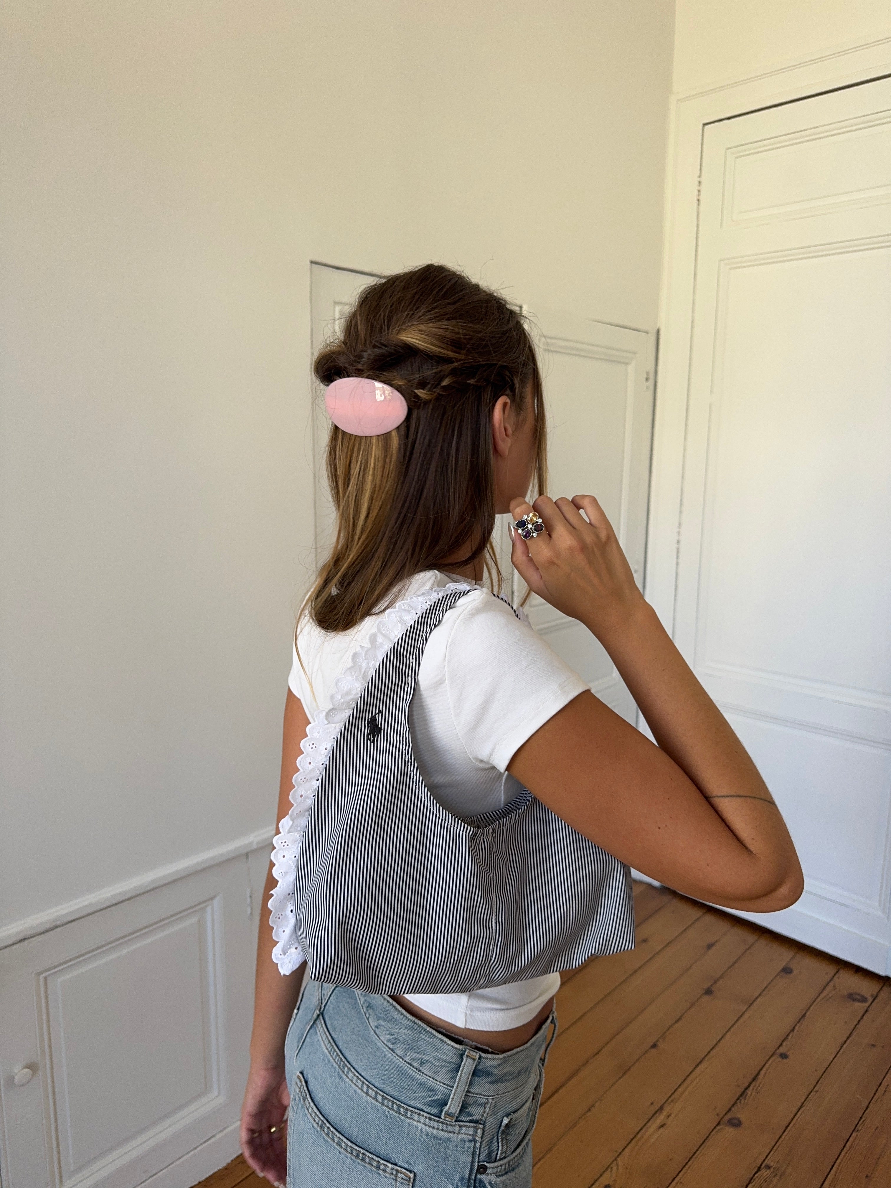 Sac upcyclé rayé et dentelle