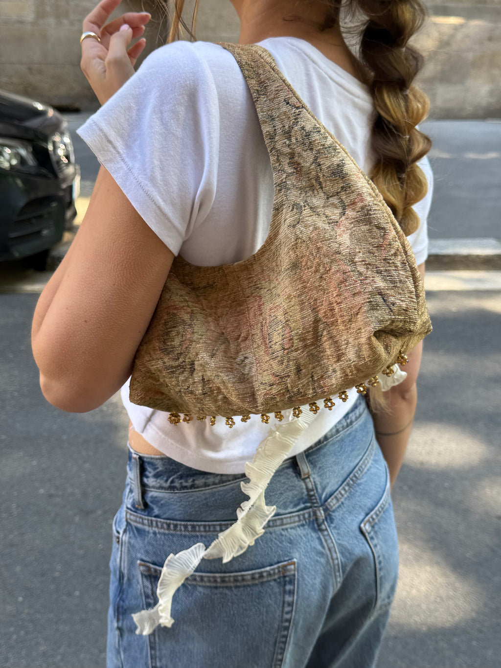 Sac upcyclé marron à motifs et perles vintage - petit