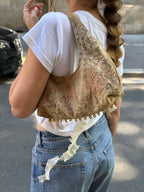 Sac upcyclé marron à motifs et perles vintage - petit