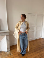 Veste longue upcyclée satinée dorée et franges - S/M