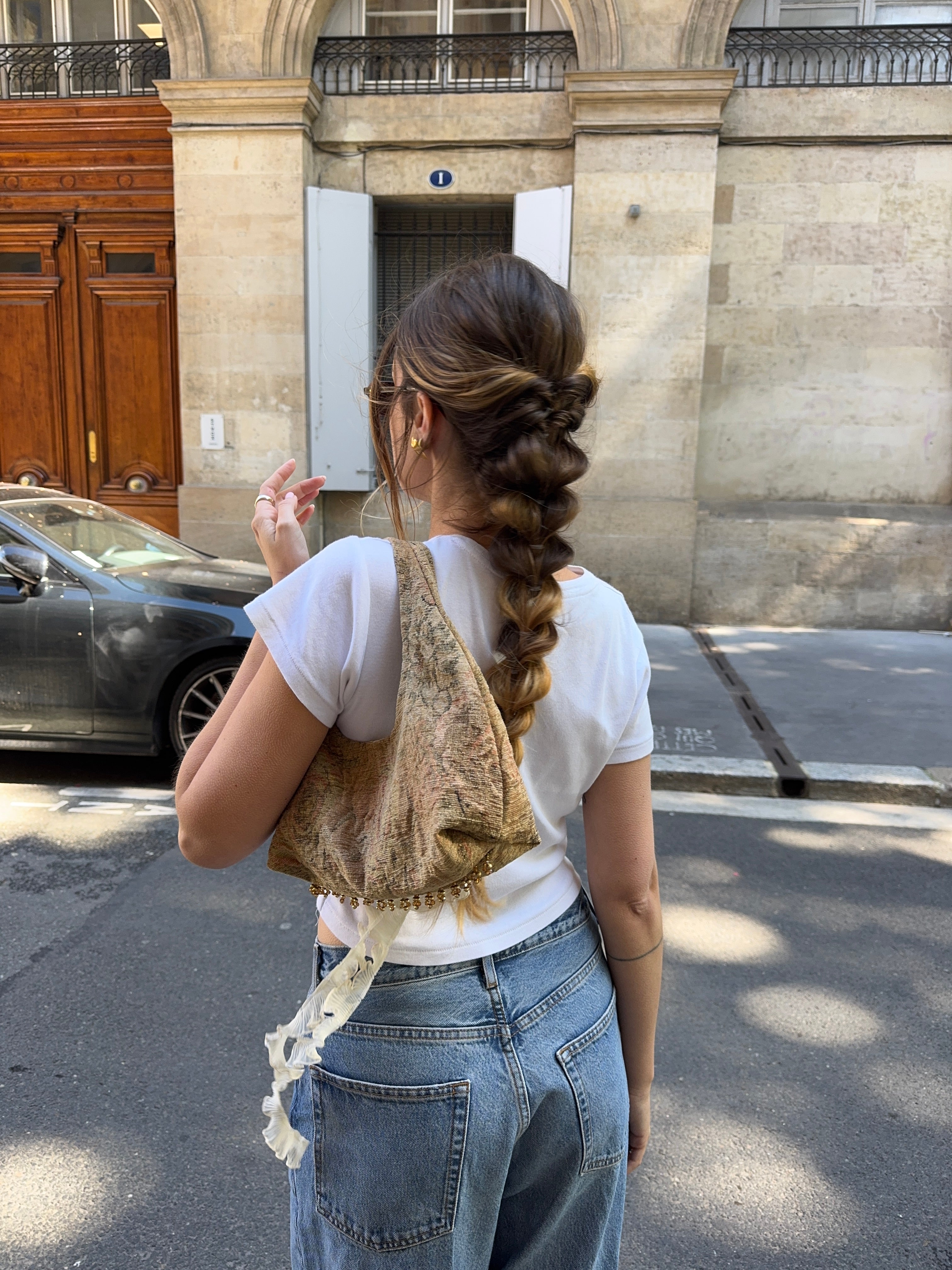 Sac upcyclé marron à motifs et perles vintage - petit