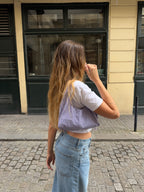 Sac upcyclé vichy violet et franges vintage - petit