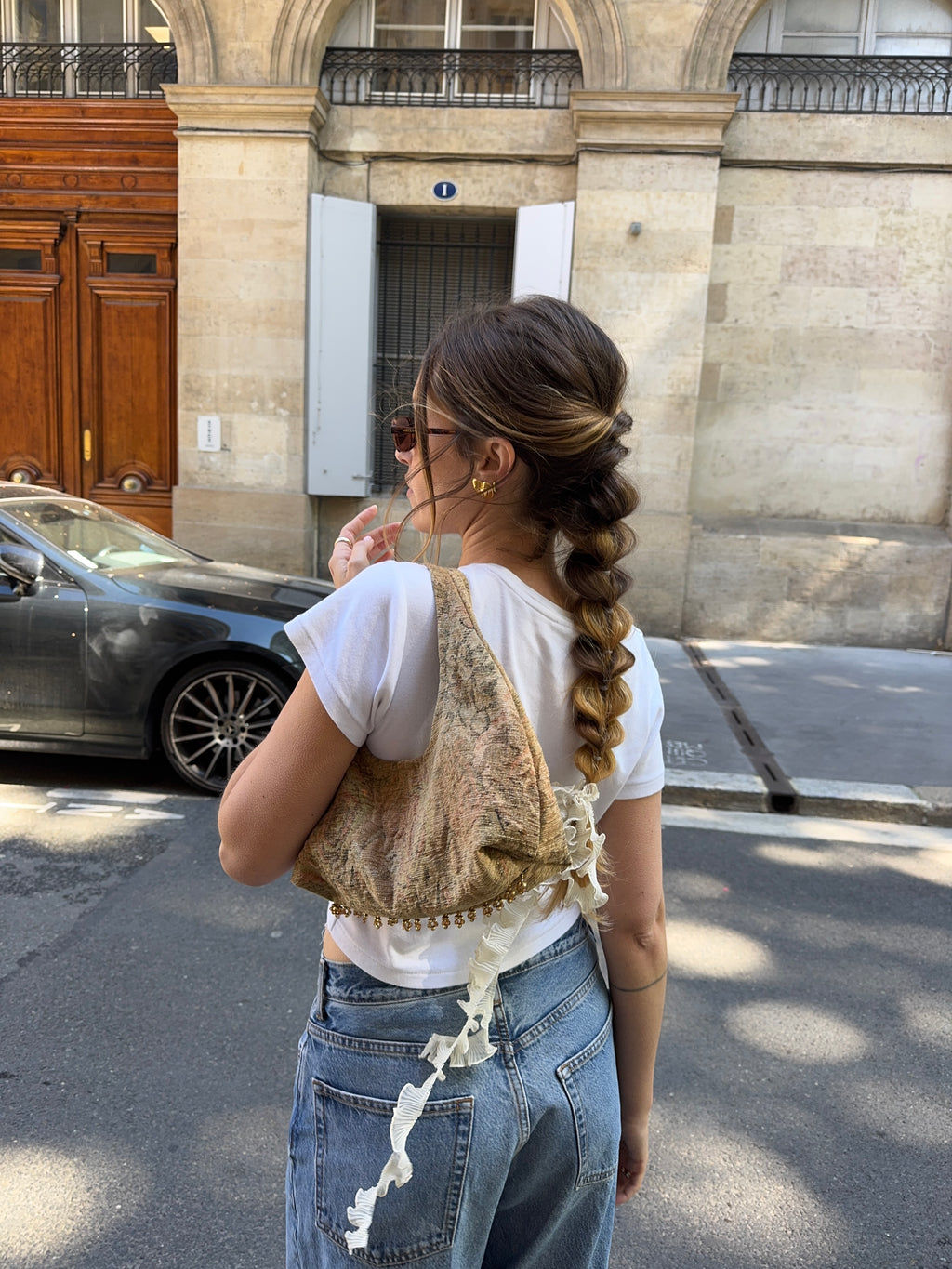 Sac upcyclé marron à motifs et perles vintage - petit