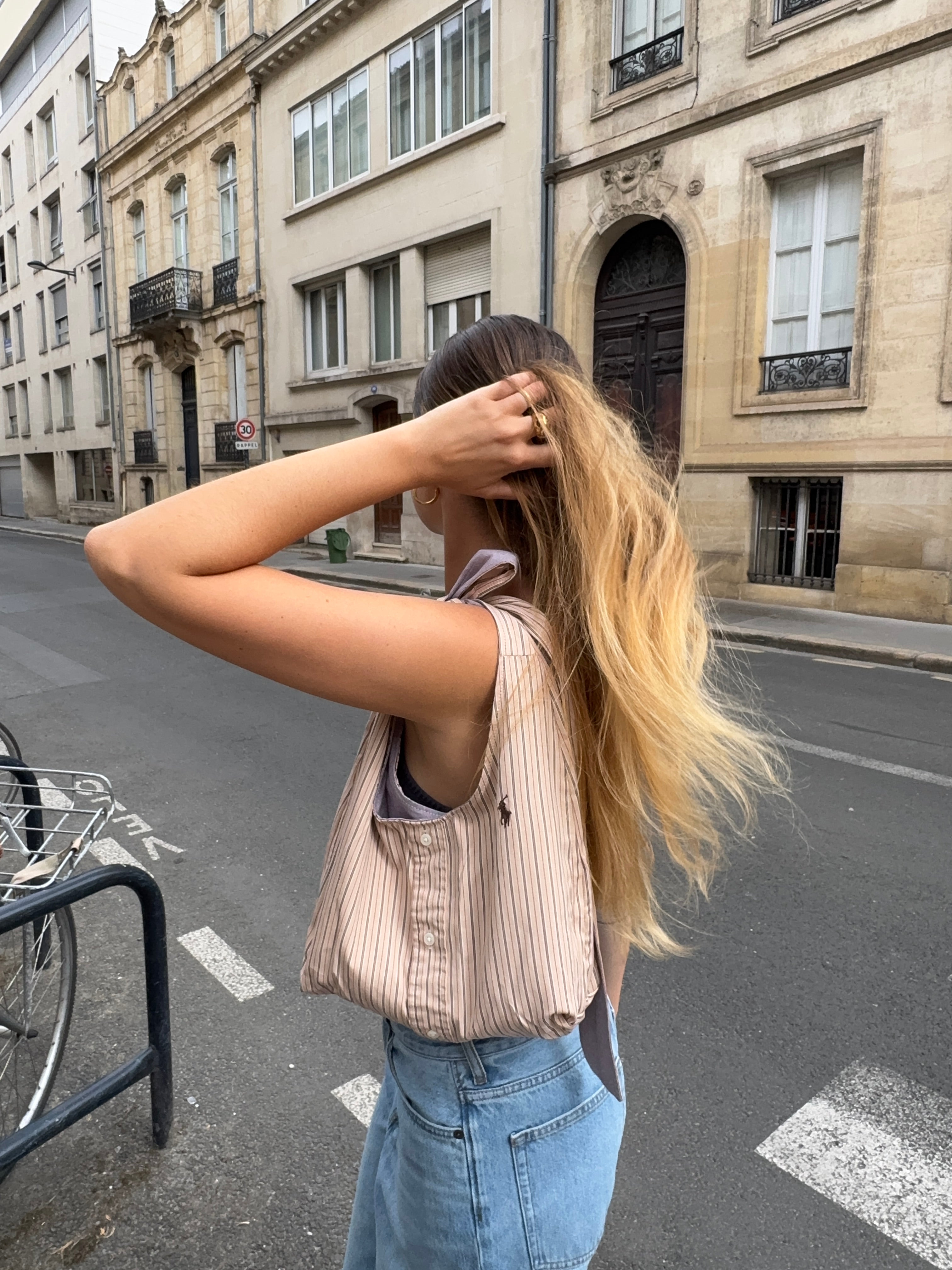 Sac nœud upcyclé beige à rayures - petit