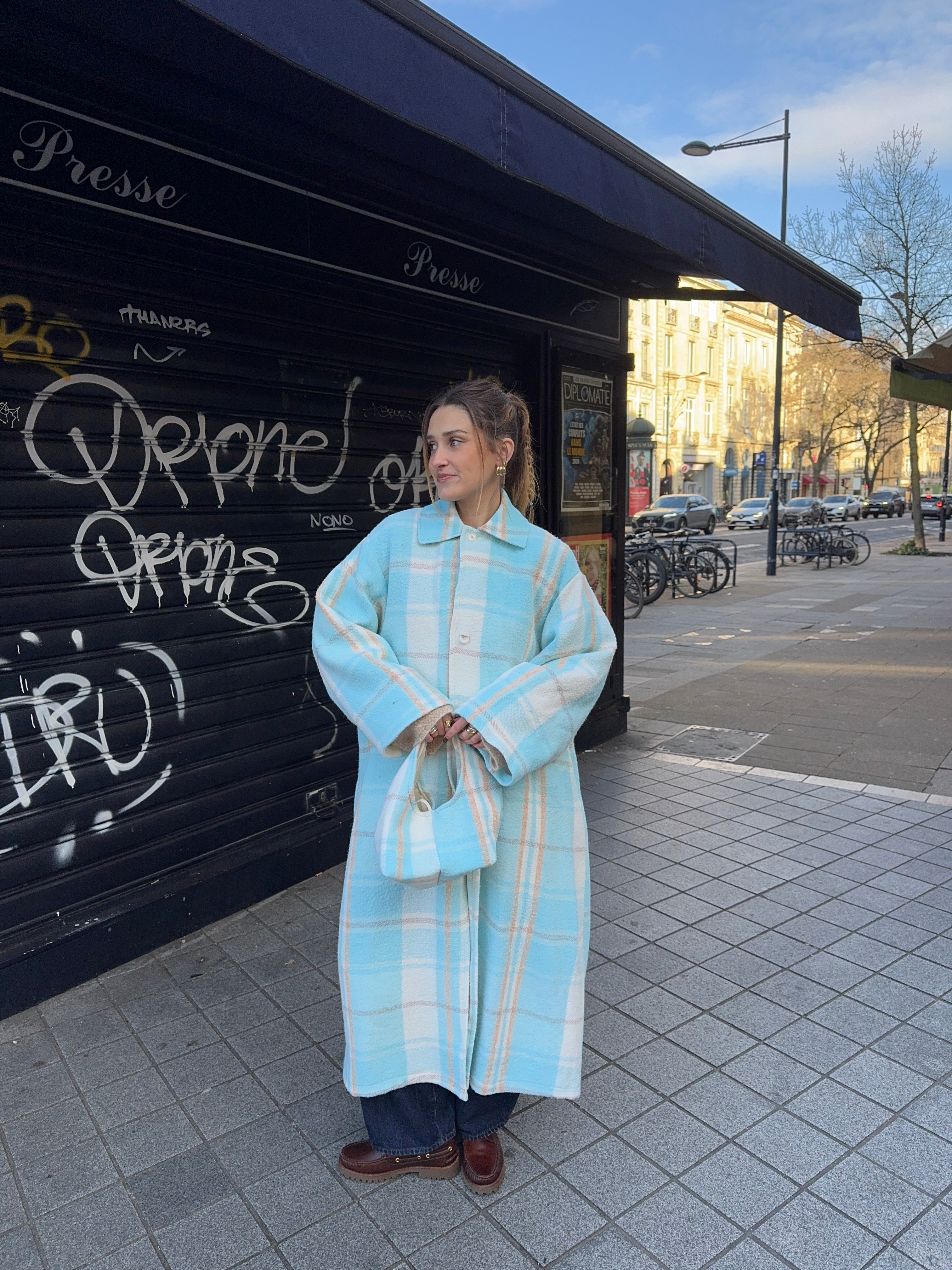 Manteau long upcyclé laine ciel à carreaux vintage