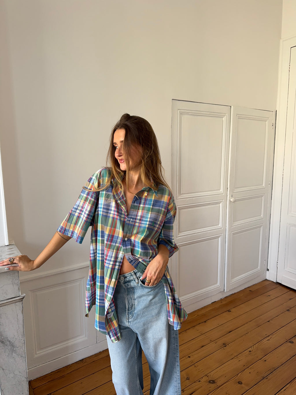 Chemisette upcyclée dos nu à carreaux - M/L