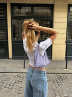 Sac upcyclé vichy violet et franges vintage - petit