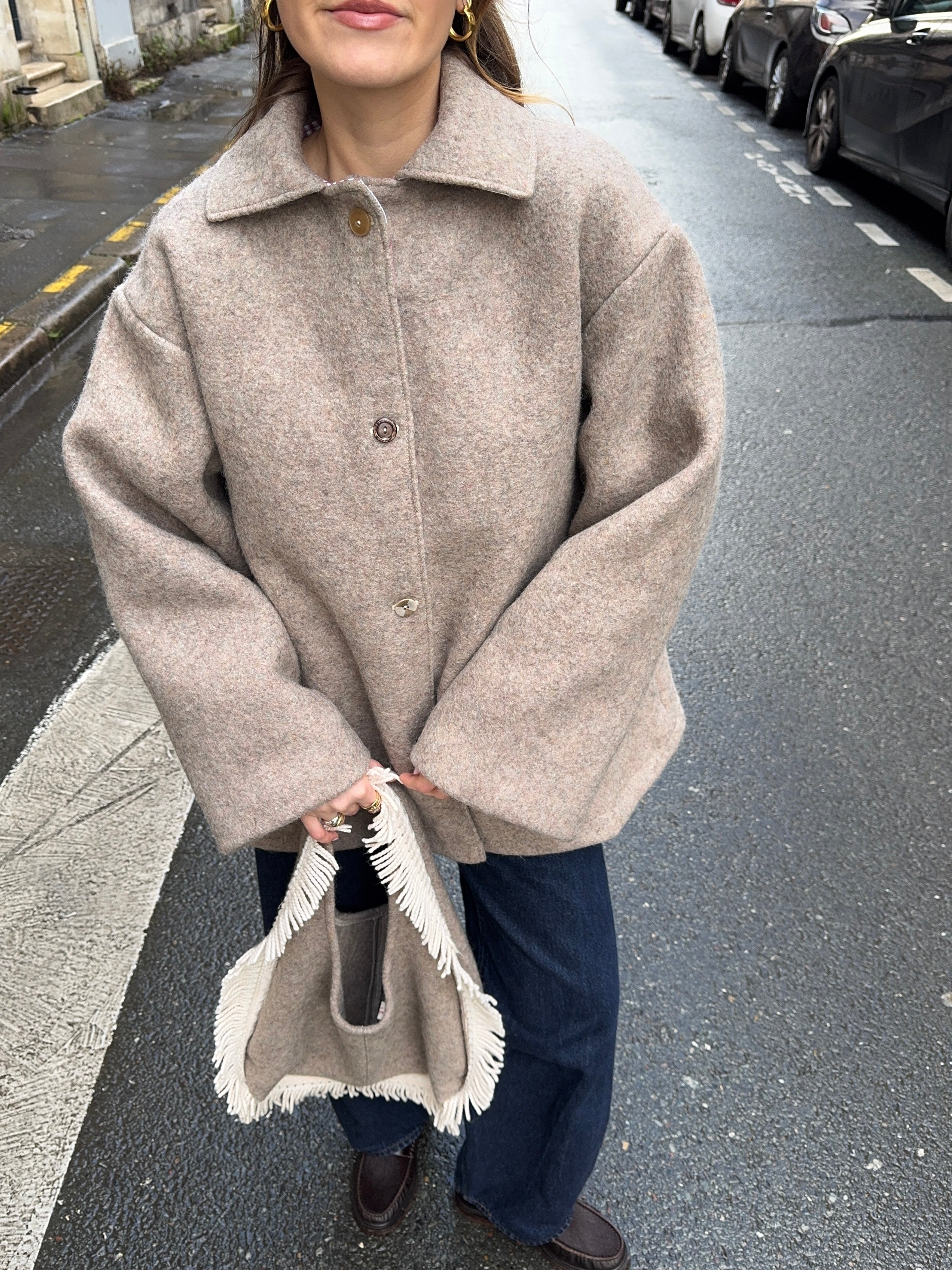 Sac upcyclé laine grise et franges vintage - petit